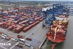Cargo is handled at a container terminal in Hai Phong city of Vietnam. (Photo: VNA)
