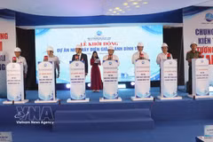 Delegates press the button to launch the project. (Photo: VNA) 