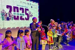 Ambassador Dinh Toan Thang (fifth from left), children and students of Vietnam pose for a group photo at the programme. (Photo: VNA)