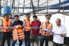 Fisheries resources surveillance officers disseminate anti-IUU fishing regulations to fishermen at the An Hoa fishery port in Da Nang city. (Photo: VNA)