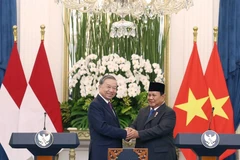 General Secretary To Lam (L) and Indonesian President Prabowo Subianto, Chairman of the Great Indonesia Movement Party (Gerindra), announce the elevation of Vietnam–Indonesia relations to a Comprehensive Strategic Partnership in Jakarta on March 10, 2025. (Photo: VNA) 
