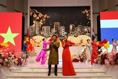 People’s Artist Ta Minh Tam and Meritorious Artist Pham Khanh Ngoc perform at the Homeland Spring Festival 2026 in Udon Thani, Thailand. (Photo: VNA) 