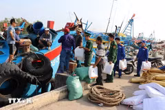 Border guards of Dong Thap province present gifts and raise awareness on IUU fishing prevention for fishermen at Vam Lang fishing port, Gia Thuan commune, Dong Thap province. (Photo: VNA) 
