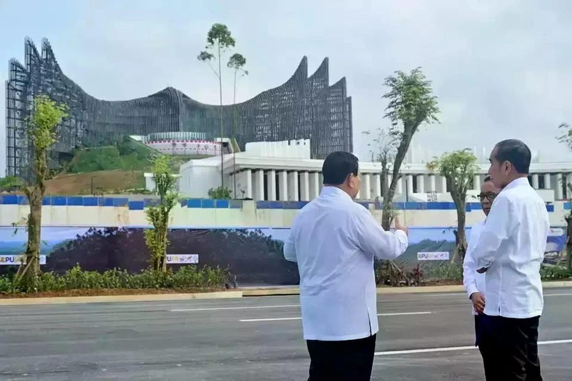 Former Indonesian President Joko Widodo and his successor Prabowo Subianto inspect the progress of the new capital project Nusantara on Aug. 12, 2024. (Photo: Jakarta Globe)