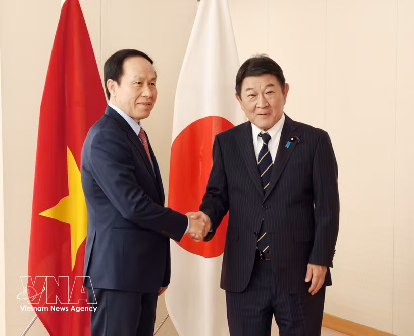 Deputy Prime Minister Le Tien Chau and Japanese Foreign Minister Motegi Toshimitsu pose for a commemorative photo. (Photo: VNA)