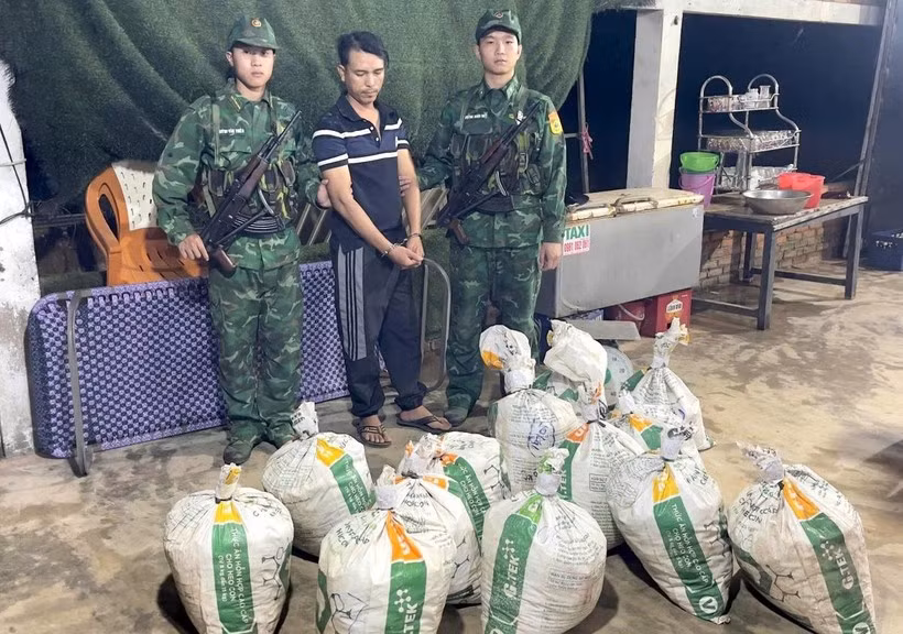 Pham Van Hau and the seized objects. (Photo published by VNA)