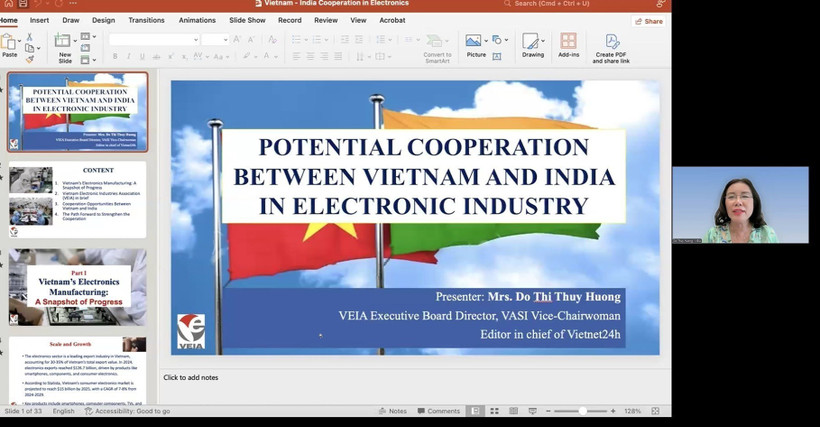 Do Thi Thuy Huong, a member of the Executive Board of the Vietnam Electronic Industries Association (VEIA), speaks at the seminar. (Photo: Screenshot)