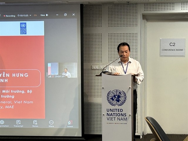  Deputy Director of the Ministry of Agriculture and Environment’s Environmental Department Nguyen Hung Thinh delivers a speech at the event on June 16 in Hanoi. (Photo courtesy of the Norwegian Embassy in Hanoi)
