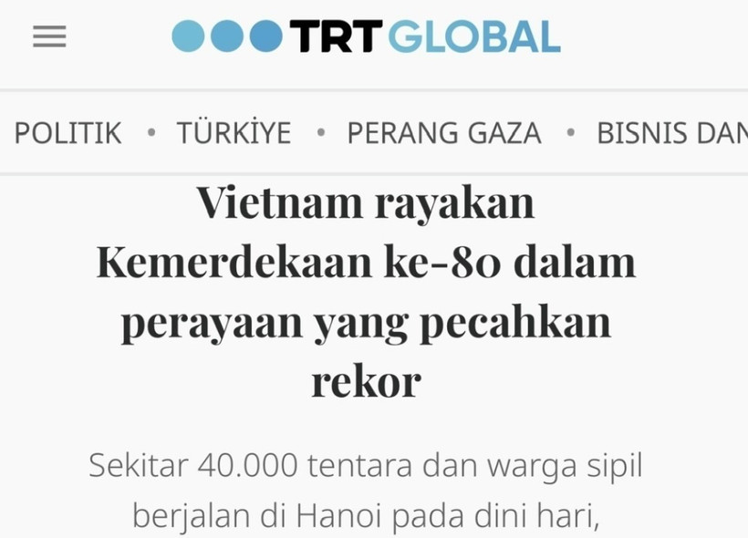 Screenshot of TRT.Global’s article on Vietnam’s 80th National Day celebration.