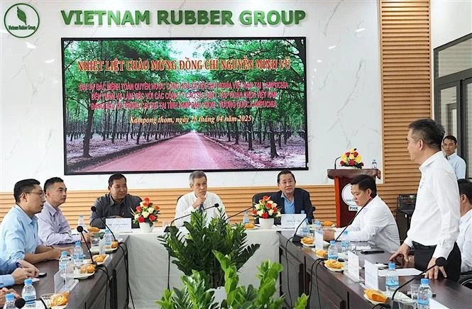 Vietnamese Ambassador to Cambodia Nguyen Minh Vu meets with leaders and staff of three rubber companies in Kampong Thom province, Cambodia. (Photo: VNA)