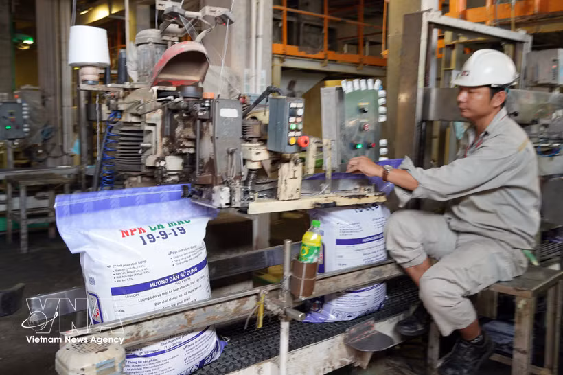 A worker packages fertiliser at a plant of the Petrovietnam Ca Mau Fertiliser JSC (PVCFC). (Photo: VNA)