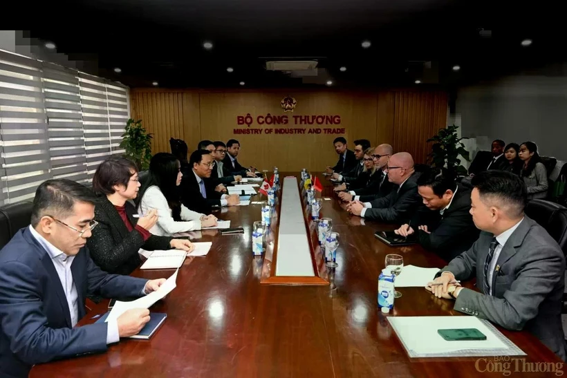 Vietnamese Deputy Minister of Industry and Trade Nguyen Hoang Long meets with Saskatchewan Minister of Trade and Export Development Warren Kaeding in Hanoi on February 17. (Photo: VNA)