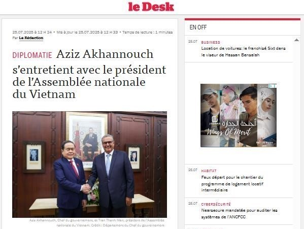 Moroccan media widely and positively report on the official visit of Vietnam’s National Assembly Chairman Tran Thanh Man to Morocco from July 24–27. (Photo: Screenshot)
