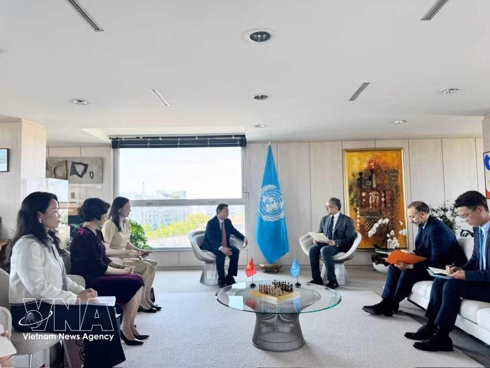 At the meeting between Deputy Minister of Foreign Affairs Ngo Le Van and UNESCO Director-General Khaled El-Enany. (Photo: VNA) vnanet-unesco3.jpg