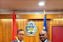 Vietnamese Ambassador to Australia and the Solomon Islands Pham Hung Tam (L) shakes hands with Prime Minister of the Solomon Islands Jeremiah Manele. (Photo: VNA)