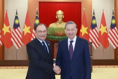 General Secretary of the Communist Party of Vietnam Central Committee To Lam (R) shakes hands with Malaysian Prime Minister Anwar Ibrahim. (Photo: VNA)