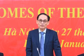 Politburo member and Minister of Foreign Affairs Le Hoai Trung speaks at the meeting with representatives of foreign diplomatic missions and international organisations on outcomes of the 14th National Party Congress. (Photo: VNA)