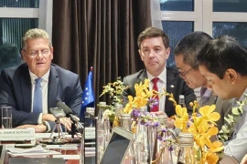 Maros Sefcovic (left), European Commissioner for Trade and Economic Security, at the press conference in Hanoi. (Photo: VNA)