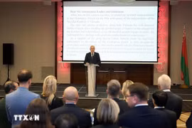 Belarusian Deputy Prime Minister Anatoly Aleksandrovich Sivak speaks at the event marking the 80th anniversary of the August Revolution (August 19) and National Day of Vietnam (September 2). (Photo courtesy of Vietnamese Embassy in Belarus)