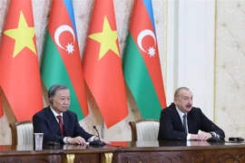 General Secretary of the Communist Party of Vietnam Central Committee To Lam (left) and President of Azerbaijan Ilham Aliyev at the press conference. (Photo: VNA)