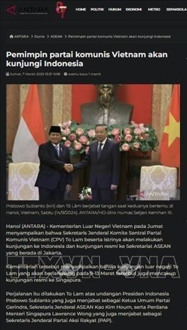 The Antara News Agency reports on Vietnamese Party General Secretary To Lam's upcoming visit to Indonesia. (Photo: VNA)