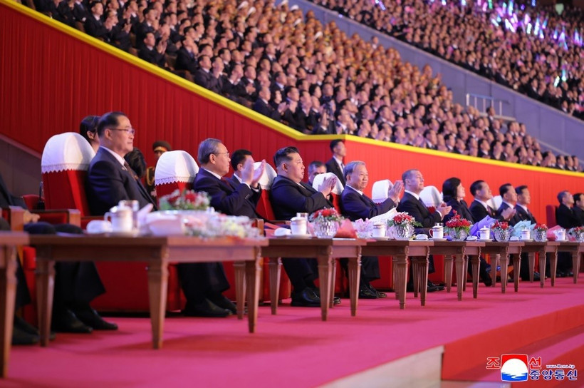General Secretary of the Workers' Party of Korea and President of the State Affairs Kim Jong Un and other leaders attend an art performance to celebrate the 80th founding anniversary of the Workers' Party of Korea at the Rungrado 1st of May Stadium in Pyongyang on the evening of October 9. (Photo: KCNA)