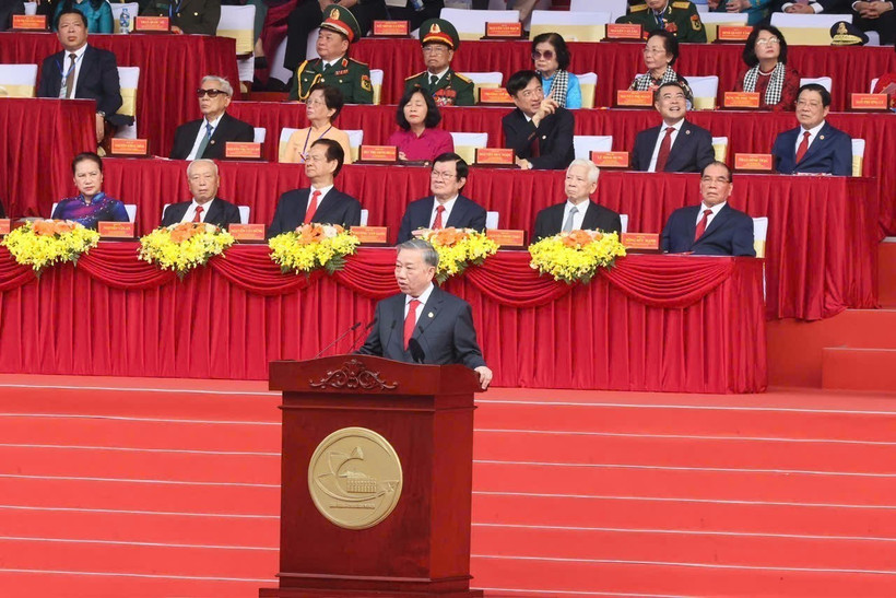 General Secretary of the Central Committee of the Communist Party of Vietnam To Lam delivers the address at the national celebration of the 50th anniversary of the liberation of the South and national reunification in Ho Chi Minh City on April 30. (Photo: VNA)