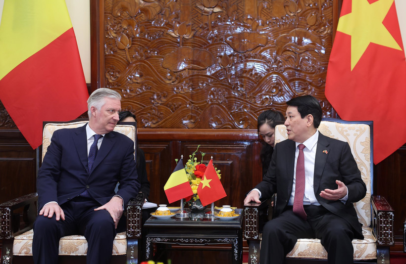Vietnamese State President Luong Cuong (R) meets with Belgian King Philippe in Hanoi on April 1 morning. (Photo: VNA)