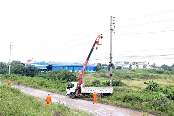 Electricity workers install lightning protection devices for power poles in Hai Phong (Photo: VNA) je.jpg