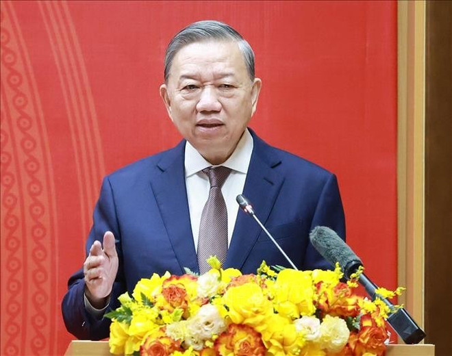 Party General Secretary To Lam speaks at the working session with representatives of the Ministry of Health (MoH) on February 24, 2025. (Photo: VNA) to-lam.jpg