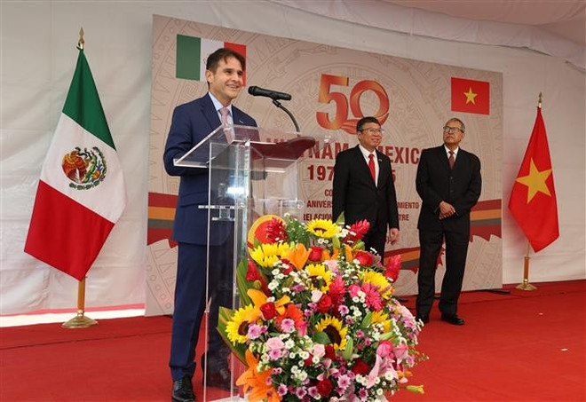 Director General for Asia-Pacific at the Ministry of Foreign Affairs of Mexico Fernando González-Saiffe speaks at the event. (Photo: VNA) vna-potal-50-nam-quan-he-viet-nam-mexico-quyet-tam-nang-cap-len-tam-cao-moi-8049161.jpg