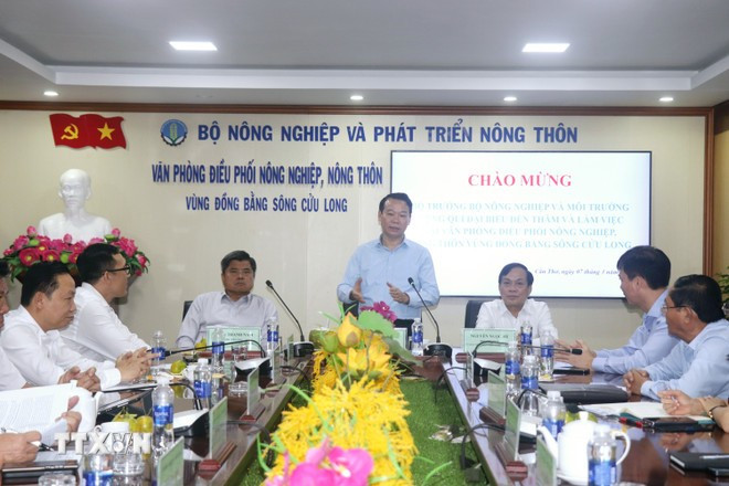 Minister Do Duc Duy speaks at a working session with leaders of the departments of agriculture and environment of the 13 localities in the Mekong Delta on March 7, 2025. (Photo: VNA) bo-truong-do-duc-duy-noi-ve-lua-gao.jpg