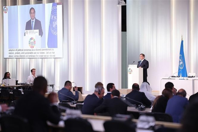 Prime Minister Pham Minh Chinh speaks at the plenary session of the 3rd United Nations Ocean Conference (UNOC 3) in Nice, France, on June 9. (Photo: VNA) 2pm-pham-minh-chinh-unoc-nice-vna.jpg