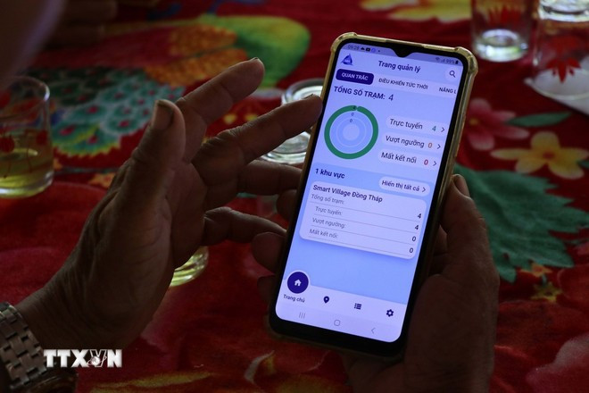 The interface for monitoring meteorology, soil and smart irrigation control is integrated on smartphones. (Photo: VNA) smart-device.jpg
