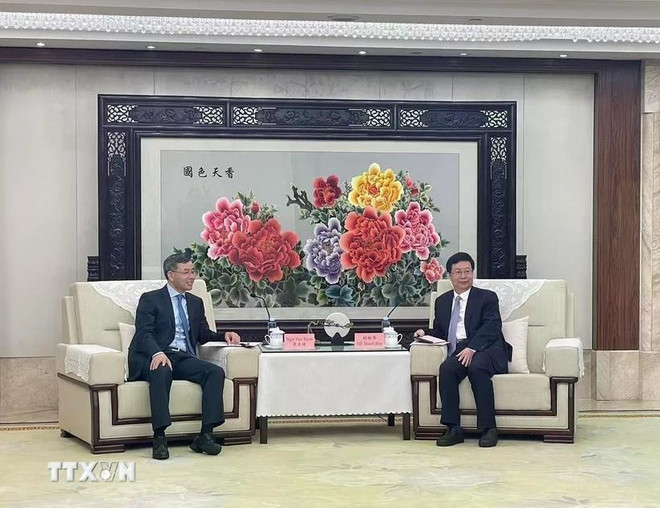 Auditor General of the State Audit Office of Vietnam (SAV) Ngo Van Tuan (L) meets with Mayor of Chongqing Hu Henghua. (Photo: VNA) chongqing-1.jpg