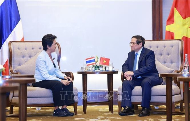 Prime Minister Pham Minh Chinh receives Somhatai Panichewa, CEO of Amata VN Public JSC (under Amata Group. (Photo: VNA) amata.jpg