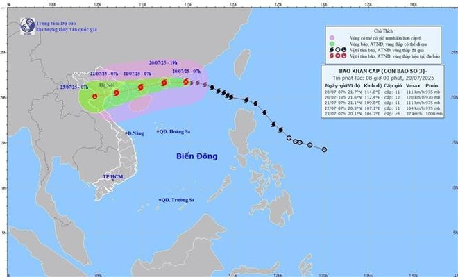 The projected path of tropical storm Wipha as of 7am on July 20 (Photo: VNA) tp.jpg