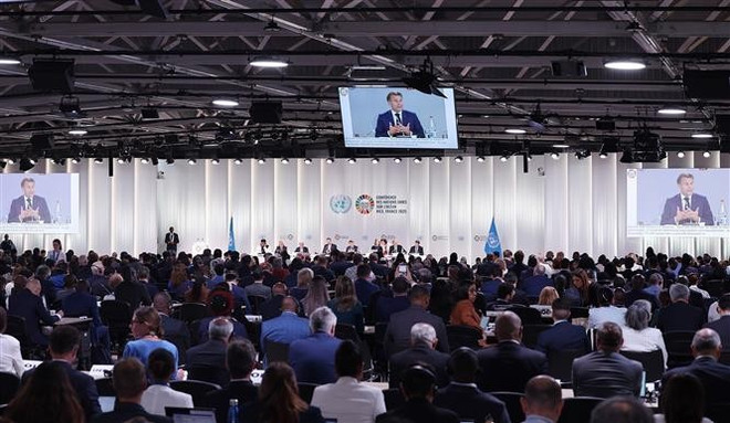 French President Emmanuel Macron speaks at the opening session of the third United Nations Ocean Conference (UNOC3) in Nice, France, on June 9. (Photo: VNA) hex.jpg
