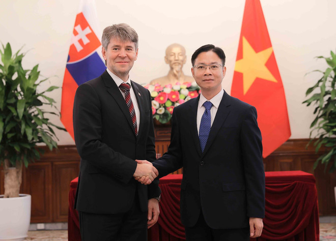 Vietnamese Deputy Minister of Foreaign Affairs Ngo Le Van (R) receives Marek Estok, Secretary of State at the Ministry of Foreign and European Affairs of Slovakia, who is on a working visit to Vietnam. (Photo: VNA) van.jpg