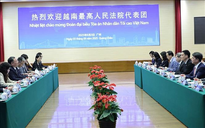 The working session between the Vietnamese delegation and representatives of the Guangdong High People's Court. (Photo: VNA)