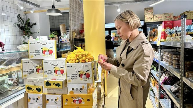 A consumer try Vietnamese lychees at a supermarket in Paris. (Photo: VNA) thumbstand-1.jpg