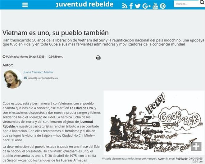 The article about Vietnam on the Juventud Rebelde newspaper. (Photo: VNA) vna-potal-50-nam-thong-nhat-dat-nuoc-viet-nam-trong-trai-tim-ban-be-cuba-8007092.jpg