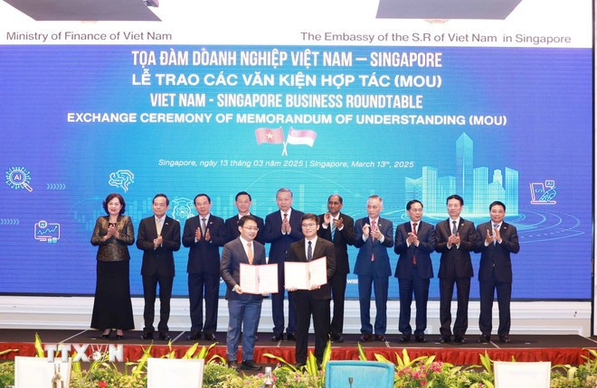 Party General Secretary To Lam (behind, fifth from left) and officials witness the exchange of cooperation pacts between Vietnamese and Singaporean firms during his trip to Singapore. (Photo: VNA) to-lam-business-pact-exchange-singapore-vna.jpg