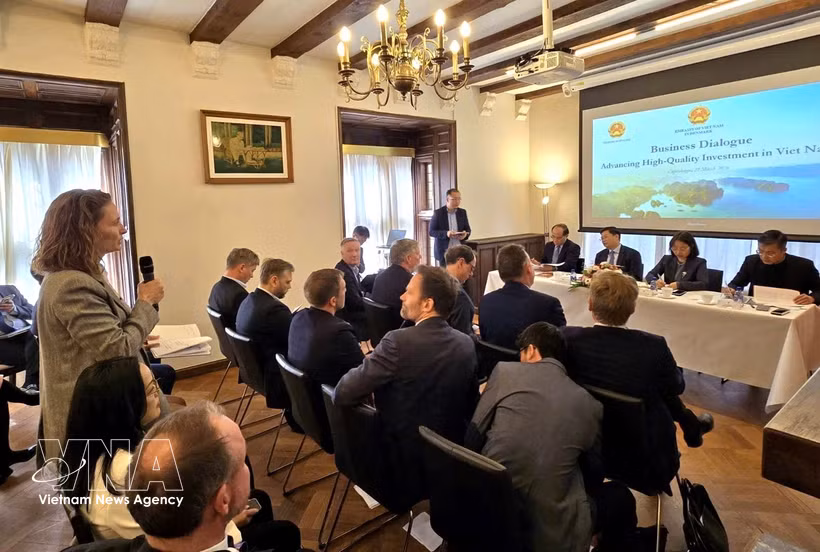 A representative of Denmark businesses speaks at the dialogue. (Photo published by VNA)