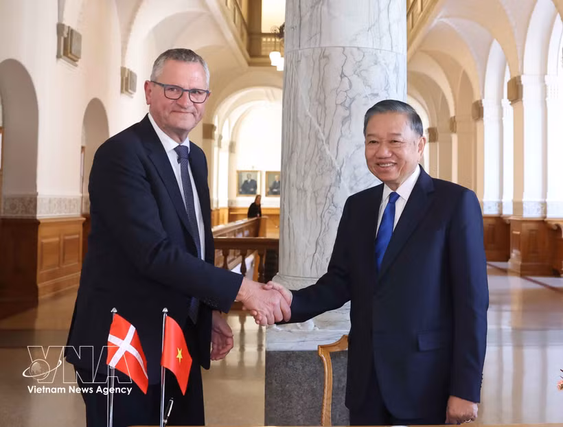 General Secretary of the Communist Party of Vietnam Central Committee and President To Lam (R) meets with Speaker of the Danish Parliament Henrik Frandsen in Copenhagen on October 19 afternoon (local time). (Photo: VNA)