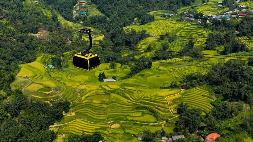 The Fansipan cable car cabin glides across Muong Hoa Valley, opening up panoramic views of its lush terraced rice fields. (Photo: Sun Group)