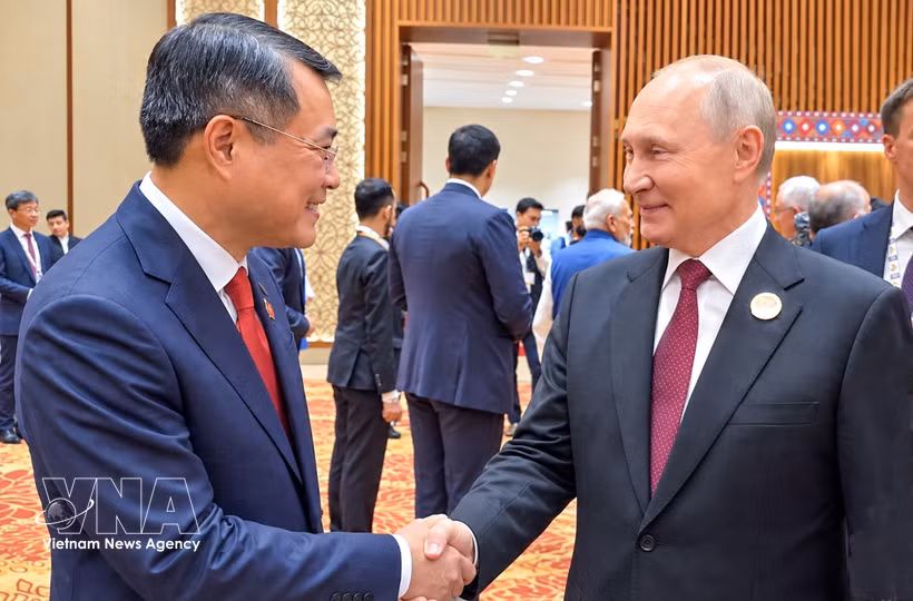 Prime Minister Le Minh Hung (L) meets with Russian President Vladimir Putin on the sidelines of the 18th BRICS Summit in New Delhi, India, on September 13. (Photo: VNA)