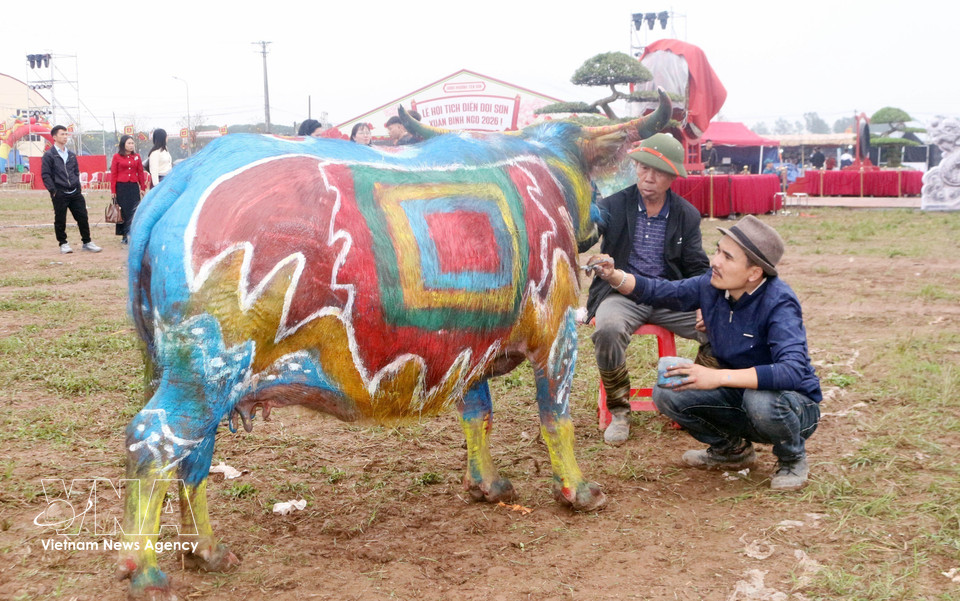 Artists passionately create artworks on the buffaloes. (Photo: Nguyen Chinh – VNA)