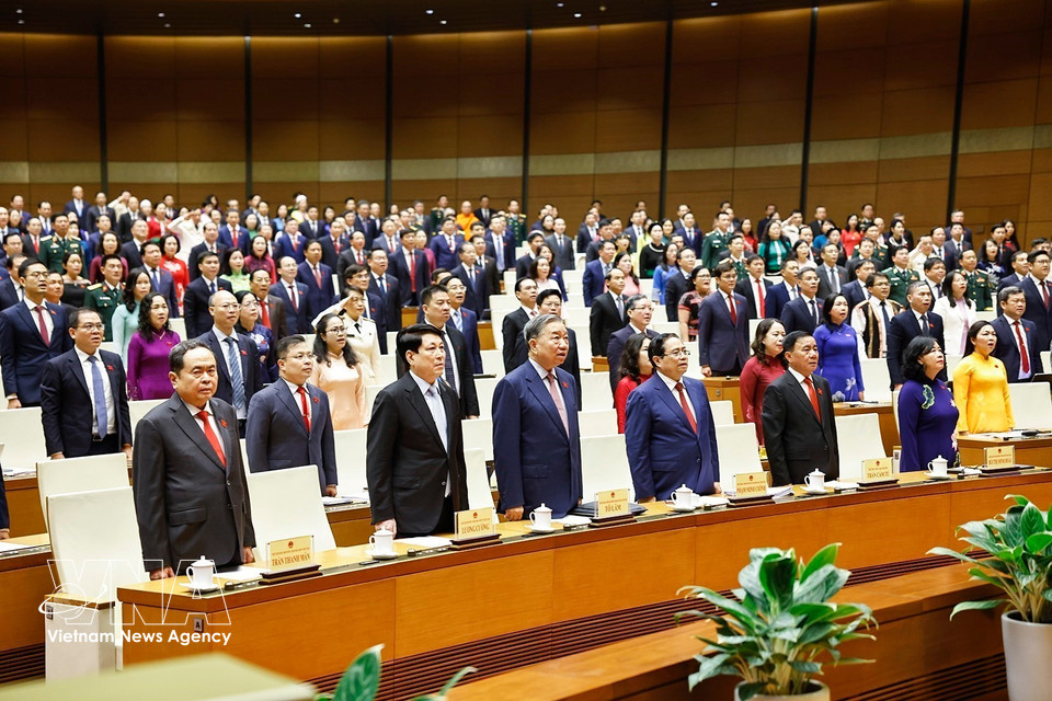 General Secretary To Lam, along with current and former Party and State leaders and National Assembly deputies, performs the flag salute at the opening session. (Photo: Doan Tan/VNA)