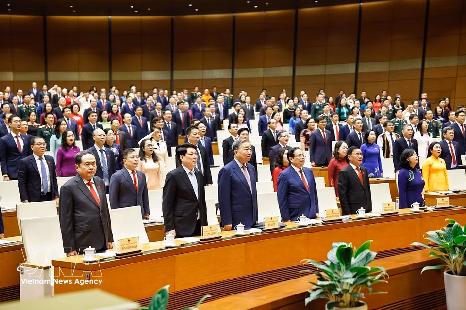 General Secretary To Lam, along with current and former Party and State leaders and National Assembly deputies, performs the flag salute at the opening session. (Photo: Doan Tan/VNA)